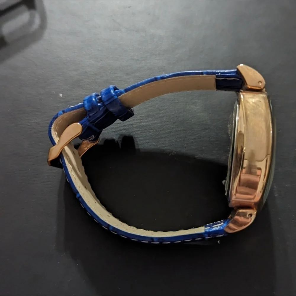 Gossip GSP828 Rhinestone Chronograph Watch Rose Gold Blue Croco Leather Band